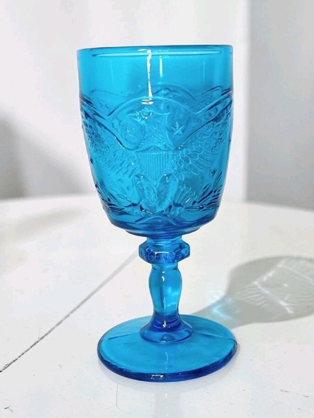Vintage LE Smith Embossed Eagle Stars Wine Glass Goblet Patriotic Turquoise 6"